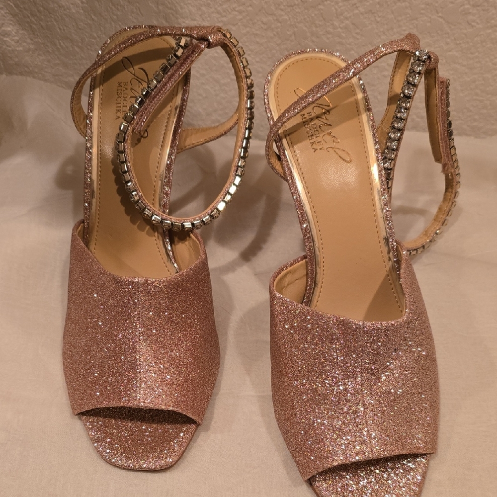 Badgley Mischka BLUSH PINK Elegant Glittery Sandals with Rhinestone Straps